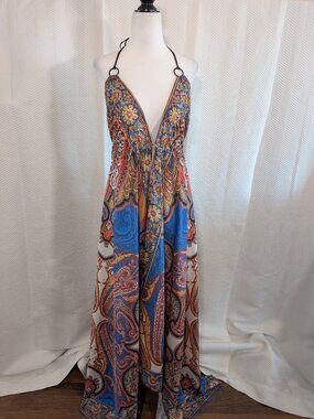 Jessica Taylor Paisley Handkerchief Halter Dress Jewel Bead Boho Resort O/S NWT